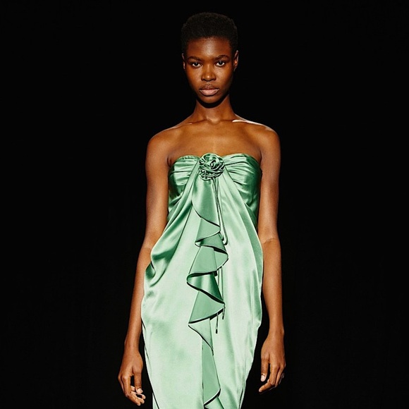 NWT CINQ A SEPT Pistachio Silk Satin Rosette Halter Neck Ruffle Cocoon Dress 10 - Picture 14 of 15